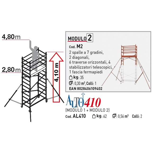 Vendita online Trabattello in alluminio ALTO410 altezza lavoro 4,80 mt.
